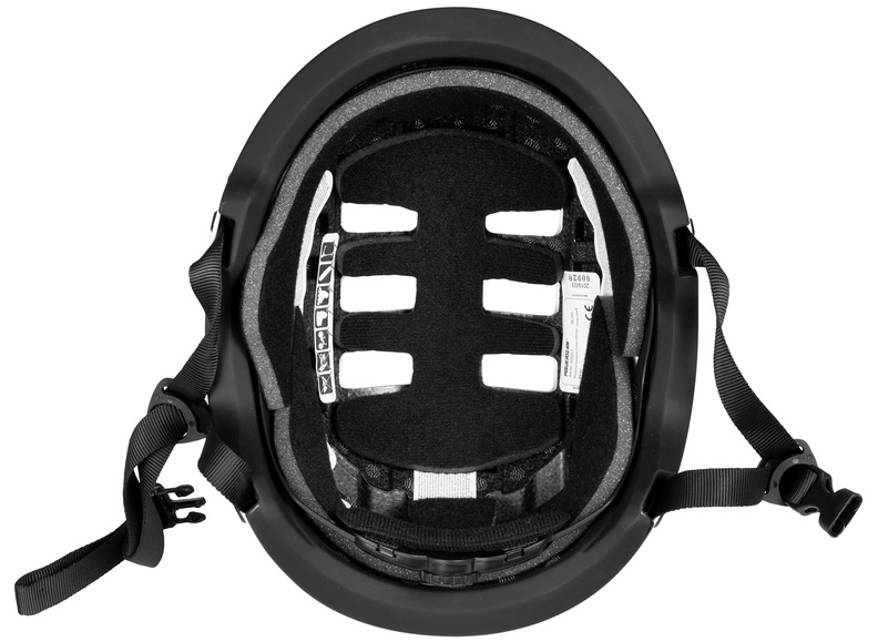 Powerslide black urban helmet with boa system, seen from the bottom side, with the boa system visible